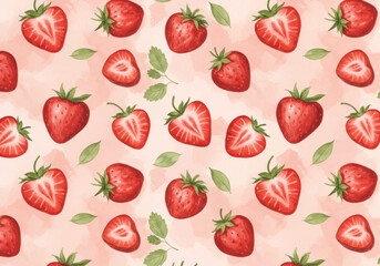Strawberries on pink watercolor background.