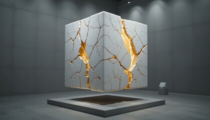Floating Cracked Cube with Glowing Interior in Abstract Display