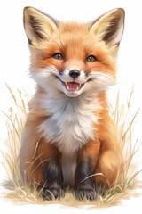 Cunning red fox kit sits amid soft grass, an adorable, warm, bright portrait
