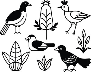 Birds and Plants Vector Set - Minimalist Nature Silhouettes,A vector set featuring minimalist birds and plants, perfect for nature, wildlife, and floral-themed graphic designs