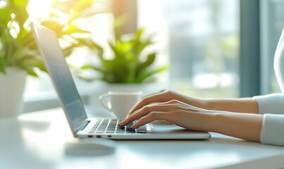 Woman Typing on Laptop at Desk in Sunlit Room