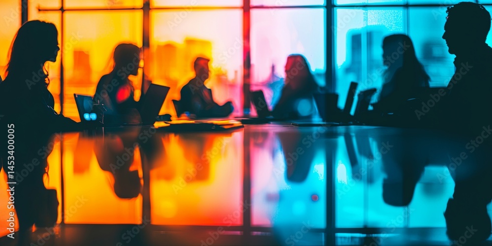 Aufkleber dynamic group collaboration in a modern office environment with colorful reflections and silhouetted