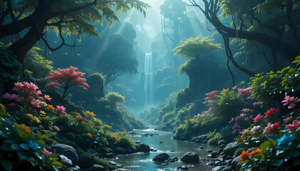 Fototapeta premium Enchanted Waterfall in Lush Tropical Rainforest A Digital Painting of a Serene and Magical Nature Scene