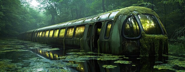 A crumbling subway car submerged in an overgrown swamp, glowing algae covering its roof A decaying subway car submerged in a swamp, its roof covered in glowing green algae