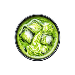 Obraz premium Iced Matcha Latte with Milk Swirl and Ice Cubes - Overhead View