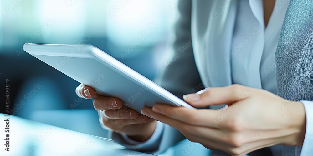 Poster professional woman using tablet in modern office environment, holding device with focused expression