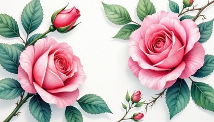 Intricate watercolor roses & leaves, soft hues, botanical, wallpaper, plant
