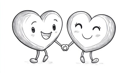 Two cartoon hearts holding hands, smiling and walking.  They have simple features like eyes, mouths, and legs