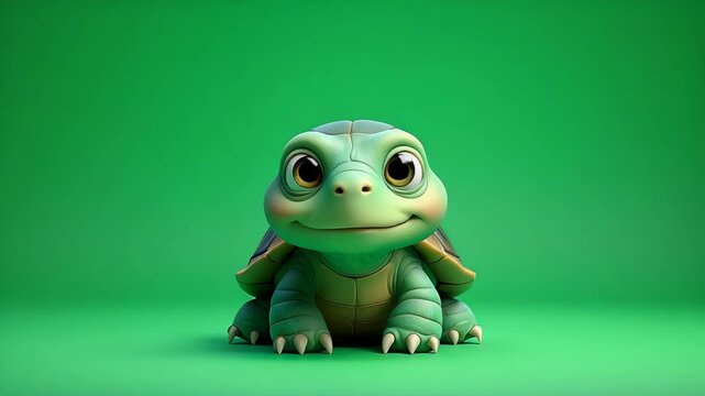 Cartoon Turtle Sitting Calmly on Green Background Still