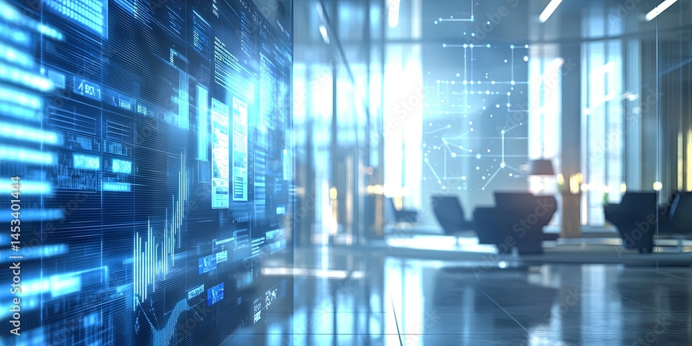 Poster Digital Data Visualization in Modern Office Environment with Futuristic Design Elements and High-Tech Graphs and Charts Featuring Bright Light Effects