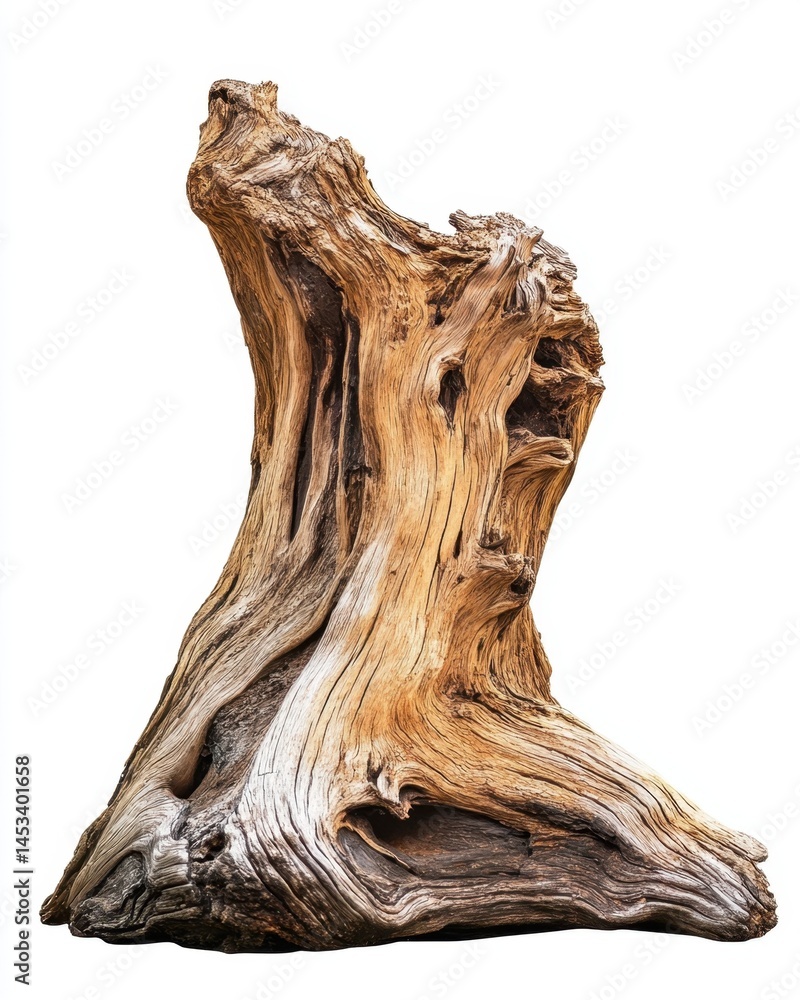 Poster ancient weathered tree stump isolated on white background showing texture and grain detail