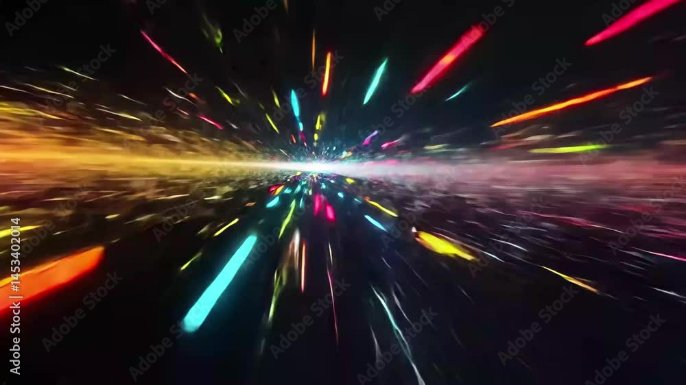 Poster Colorful computer code and data elements flying in vibrant motion through a digital space exhibition, CGI of colorful computer code and data flying in dark digital space