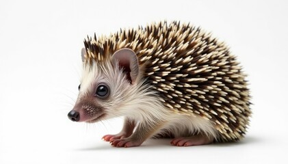 Obraz premium Small hedgehog, curled in defense, on white background, prickly, forest