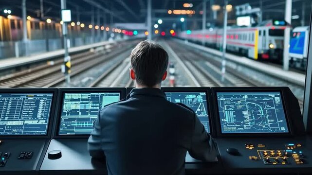Train Control Room: A solitary train operator sits at the controls in a bustling train control room, his focused gaze fixed on the tracks ahead.