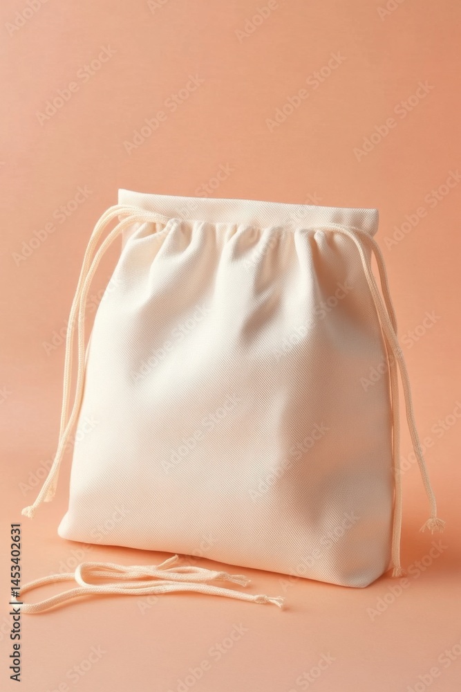 Poster simple canvas drawstring bag on light peach background for product packaging and storage
