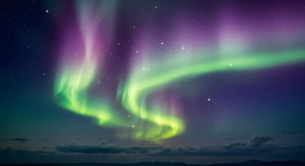 Aurora Borealis Display Over Iceland with Stars and Dark Horizon