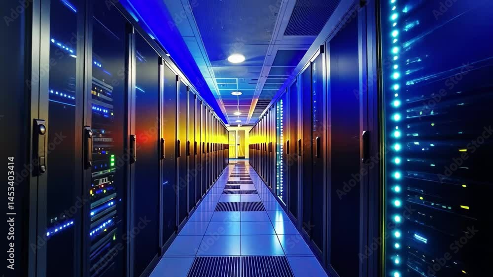 Poster digital icons and data processing illuminated in a modern server room at sunset, digital icons and d