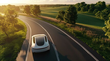 Fototapeta premium Electric car driving on a scenic road through the countryside at sunse