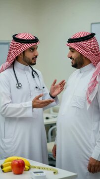 Arab doctor advising overweight patient about healthy diet and lifestyle in modern medical clinic, perfect for medical, wellness, lifestyle, diet, and obesity awareness vertical video content.