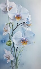 Fototapeta premium Watercolor painting of Philippine Phalaenopsis orchids against a soft blue wash Petals show fine details , background, colorful, blue