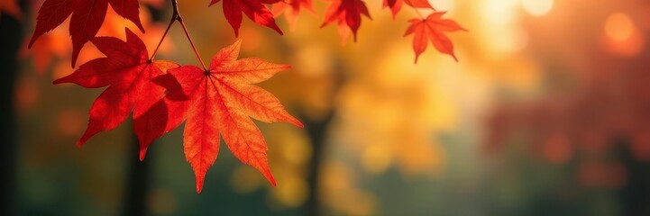 Fototapeta premium Vibrant red and gold maple leaves descend onto a bokeh background of autumn trees , november, background