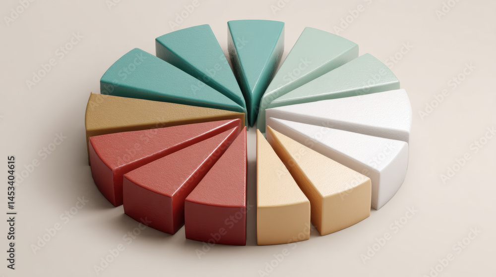 Poster colorful 3d pie chart with missing slice, showcasing various pastel shades and textures, symbolizing