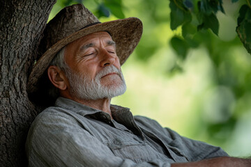 An older man with a hat and a beard sits under a tree.