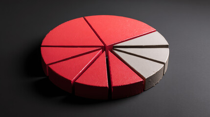Obraz premium Split pie chart with missing slice, featuring red and gray sections on dark background