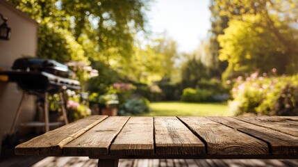 Rustic Wooden Tabletop in a Sunny Garden with Grill and Greenery Perfect for Outdoor Dining and Summer Barbecues