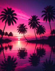 Pink Sunset Over Water With Silhouetted Palm Trees