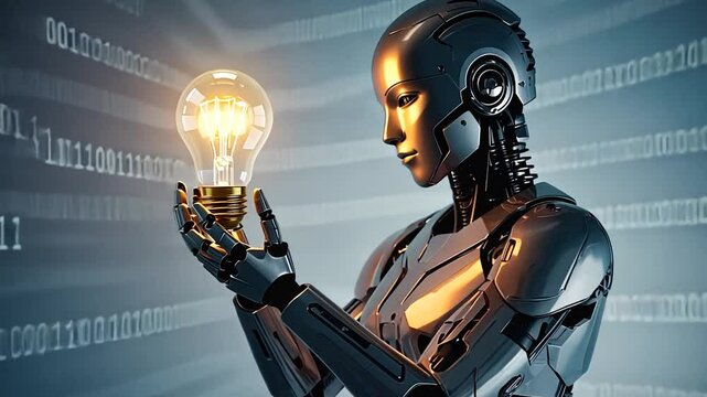 Futuristic robot holding lightbulb, innovative idea, binary code background.  Possible use Stock photo for technology, innovation, AI