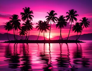 Obraz premium Pink Sunset Over Water With Silhouetted Palm Trees