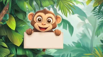 Cute monkey holding blank sign in jungle (2)