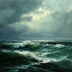 Dramatic seascape painting showcasing turbulent ocean under a stormy sky condition