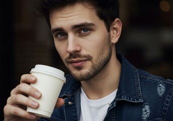 Handsome man is drinking a cup of paper cup coffee happily. Enjoying warm coffee