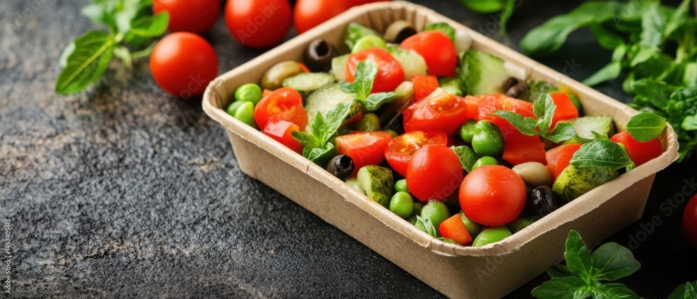 Poster fresh and colorful salad in a takeout container on a dark textured background, healthy eating concep
