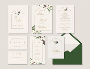 Luxury wedding stationery template with an elegant watercolor bouquet illustration.