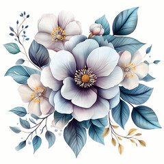Floral arrangement with blue leaves