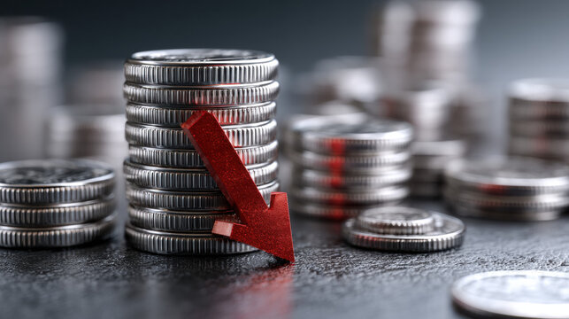 Stacked coins with red arrow pointing down symbolize financial decline or economic downturn