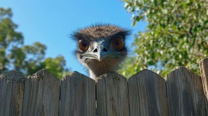 Curious Emu Peeking Over Wooden Fence