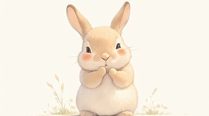 Obraz premium Cute bunny with pink cheeks holding paws, soft art with light beige colors