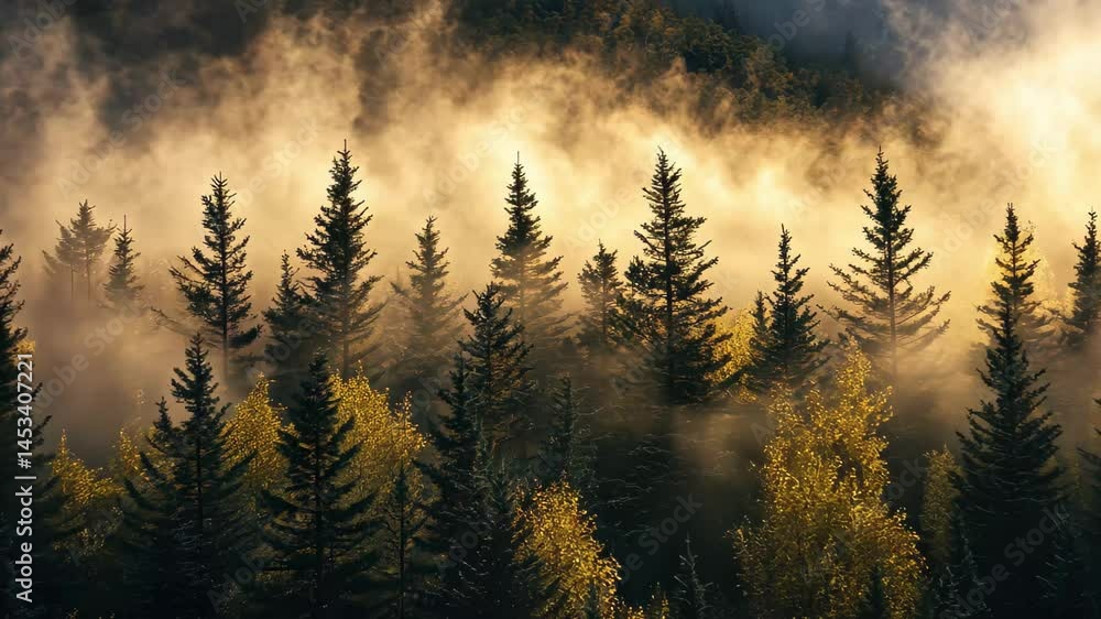 Poster misty forest with tall trees under a dark sky creating an enchanting atmosphere at dusk, a misty for