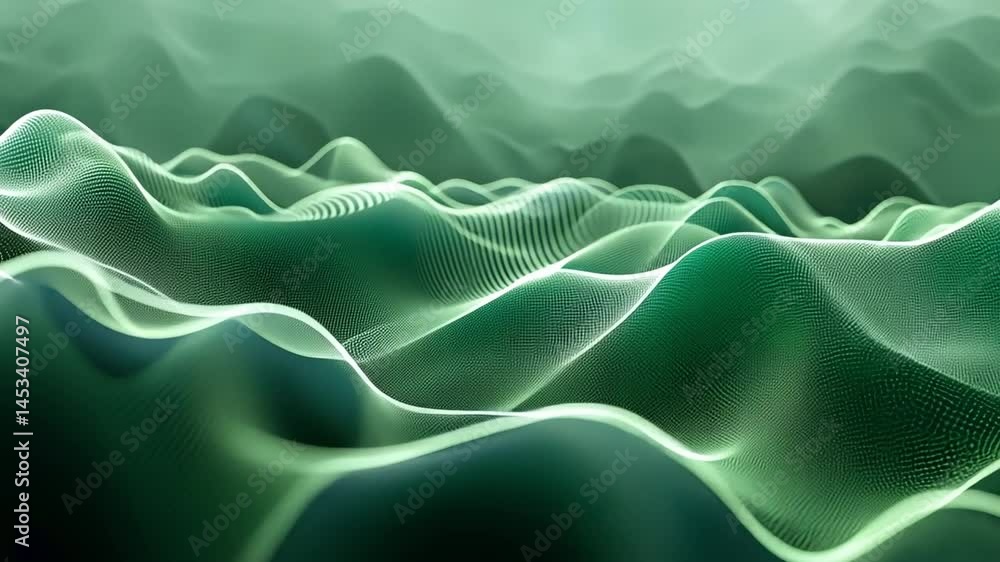 Poster Mesmerizing abstract landscape of flowing waves in shades of green, showcasing smooth curves and intricate patterns that evoke tranquility, depth, and harmonious movement.