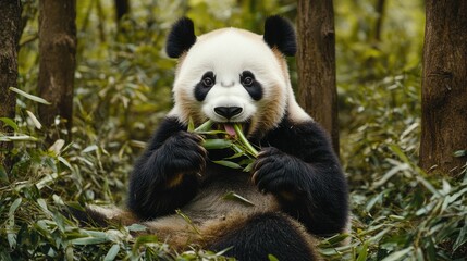 Obraz premium Panda Bear Enjoying a Bamboo Snack in a Lush Forest