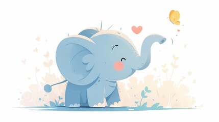 Cute cartoon elephant with butterfly in a field of flowers, hearts