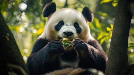 Obraz premium Close Up of a Panda Enjoying Bamboo