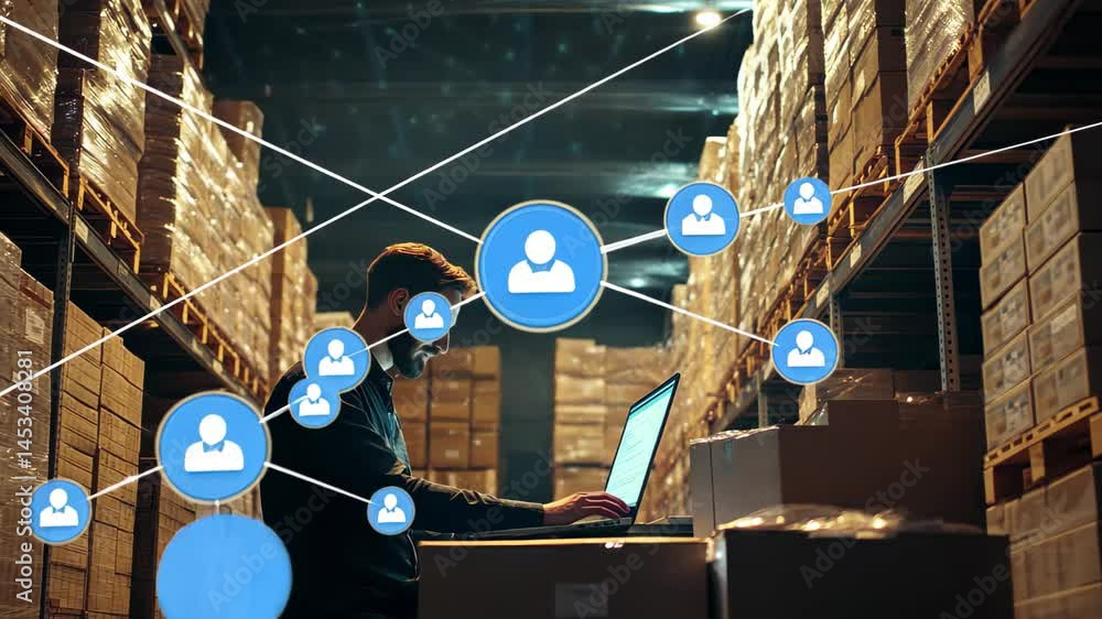 Poster data processing in a warehouse with a caucasian man working on a laptop surrounded by packed boxes, 