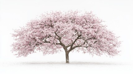 Cherry blossom tree stands elegantly against a minimalistic background in springtime