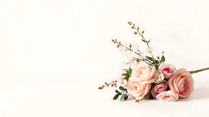Fototapeta premium Minimalist Floral Arrangement with Dainty Larkspur and Roses on Elegant Background with Copy Space Placed on One Side for Stylish Decor and Photography