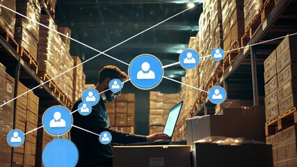 Data processing in a warehouse with a caucasian man working on a laptop surrounded by packed boxes, icons and data processing over caucasian man working in warehouse - Powered by Adobe